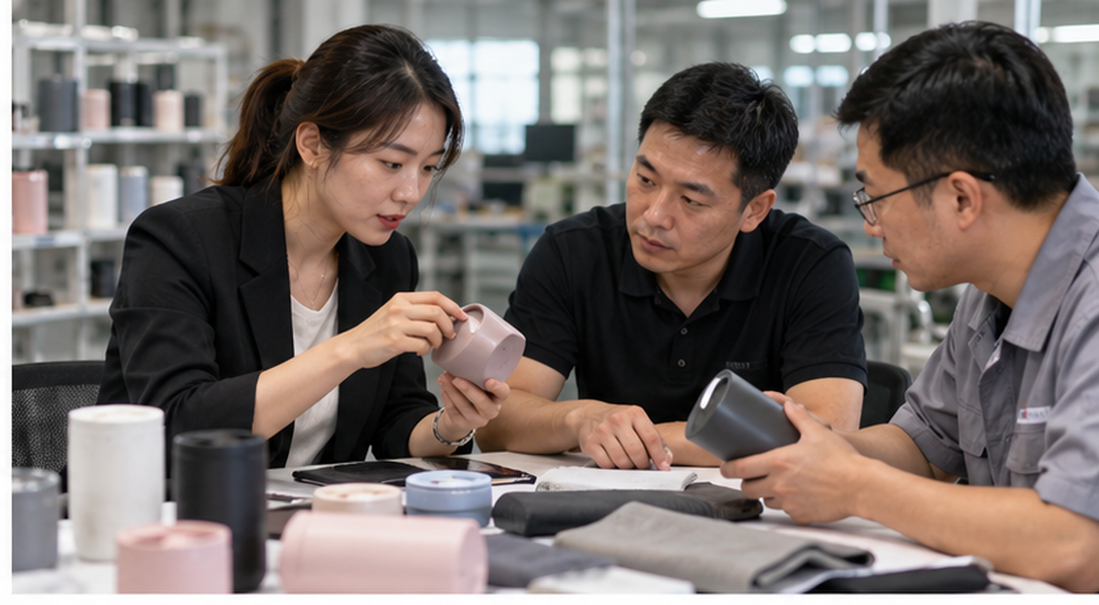 Sourcing agent discussing product samples and specifications with Chinese suppliers
