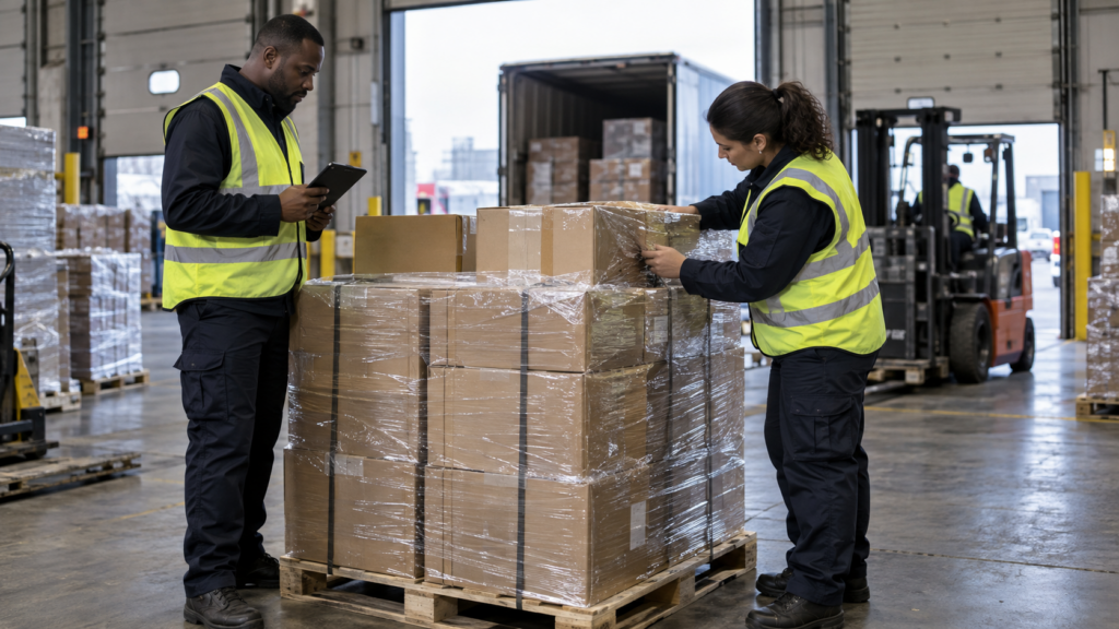 UK cargo workers inspecting imported pallet during customs handling and final delivery processing