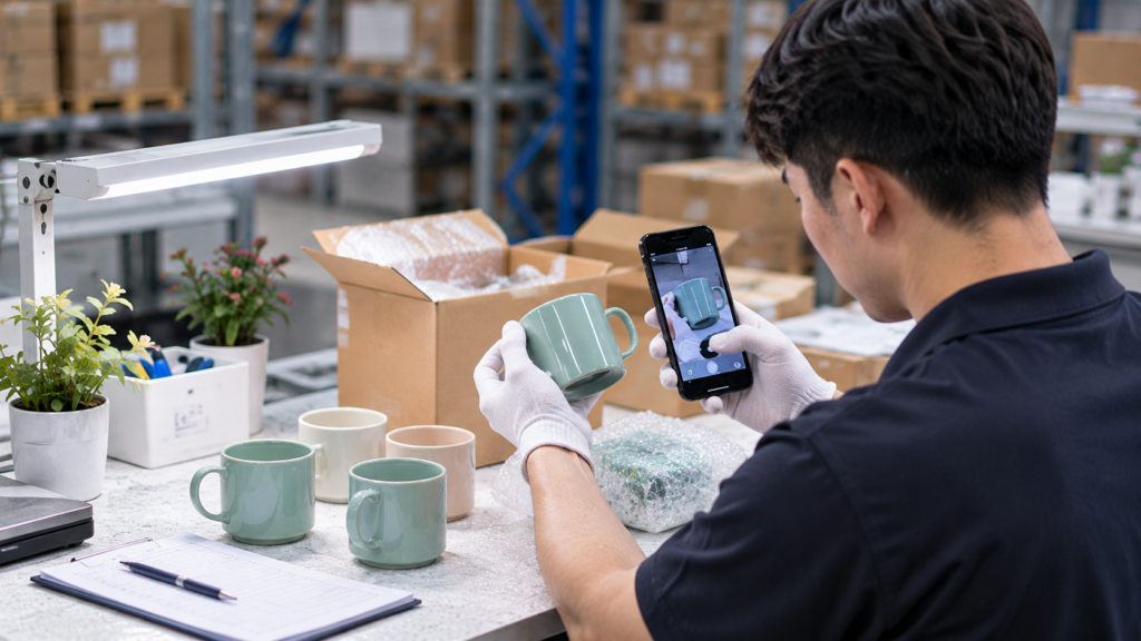 Warehouse inspector photographing a ceramic product during a pre-shipment quality check in China