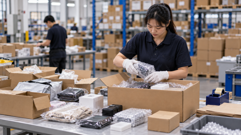 Warehouse staff consolidating and repacking multiple seller parcels into one shipment for overseas delivery