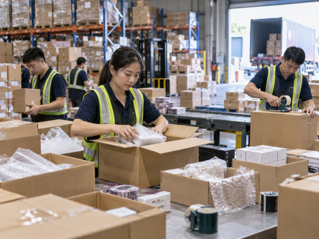 Warehouse staff consolidating and repacking multiple supplier orders
