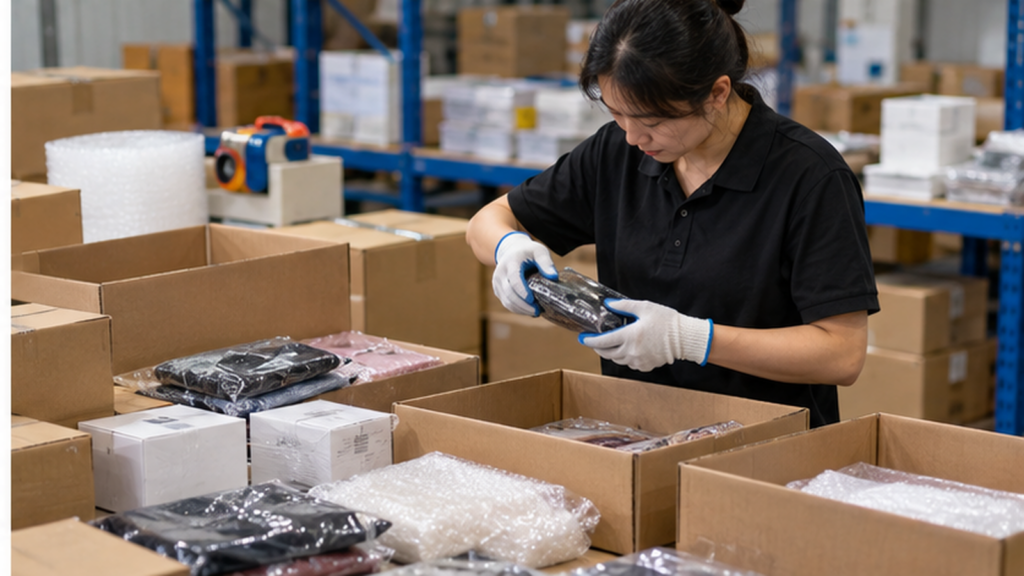 Warehouse staff inspecting, consolidating and repacking goods before international shipping