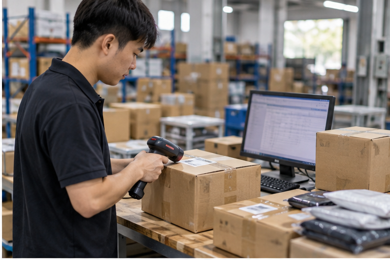 Warehouse worker matching 1688 tracking numbers with packages