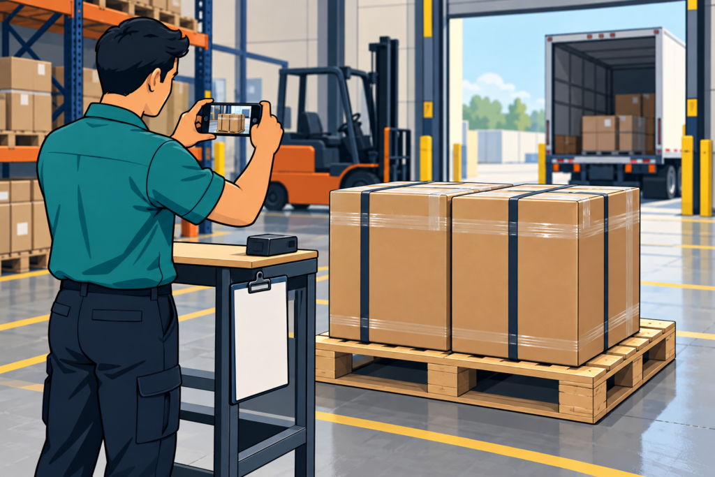 Warehouse worker measuring a carton on a parcel scale before shipping
