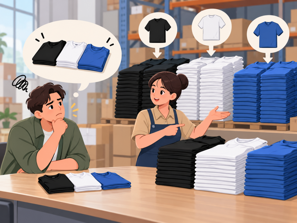 Buyer discussing 1688 minimum order quantity restrictions with a supplier requiring separate quantities for each clothing color