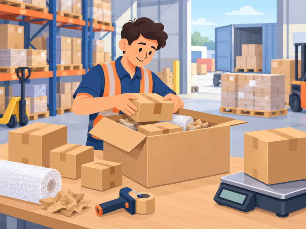 China warehouse consolidating multiple supplier orders into one carton for international shipping