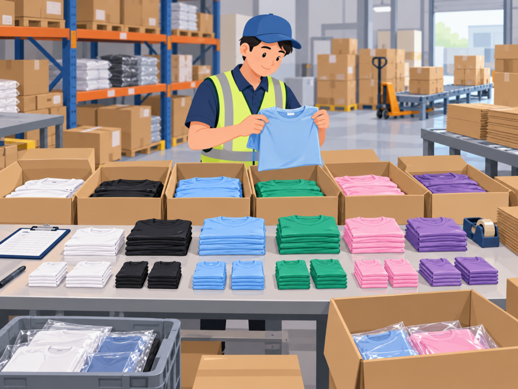 China warehouse worker checking T-shirt colors, sizes, and quantities before consolidating a mixed 1688 order for international shipping