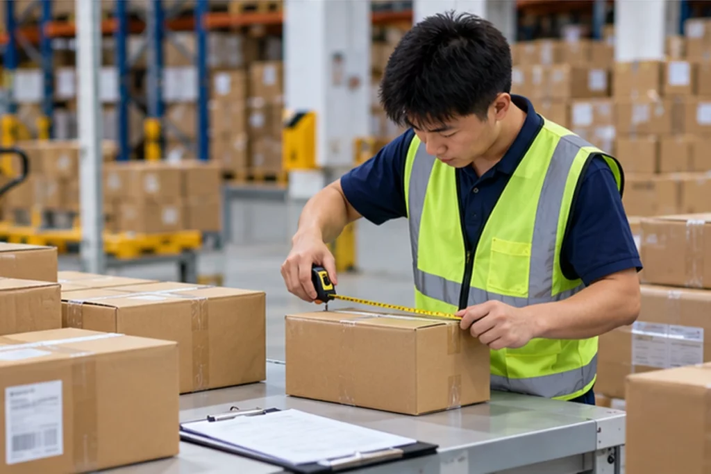 China warehouse worker checking packed cartons before international shipping