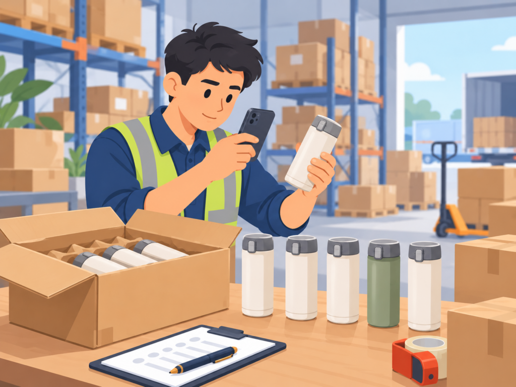 China warehouse worker inspecting 1688 products and taking photos before international shipping