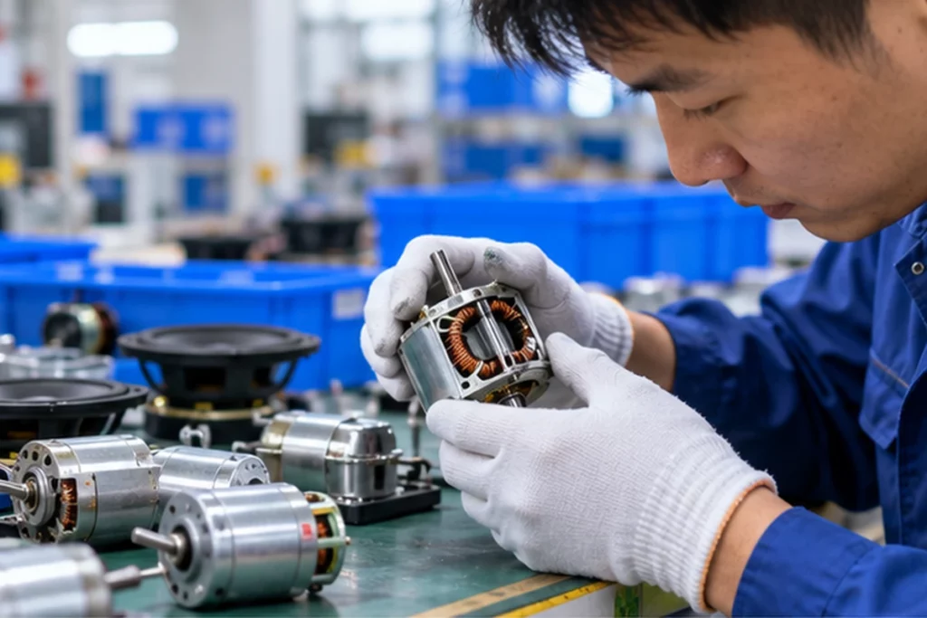 Supplier checking magnetic components inside an electric motor before air shipping
