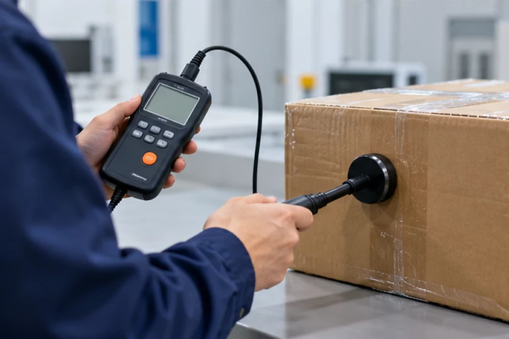 Technician measuring the magnetic field around a packed carton for air freight assessment