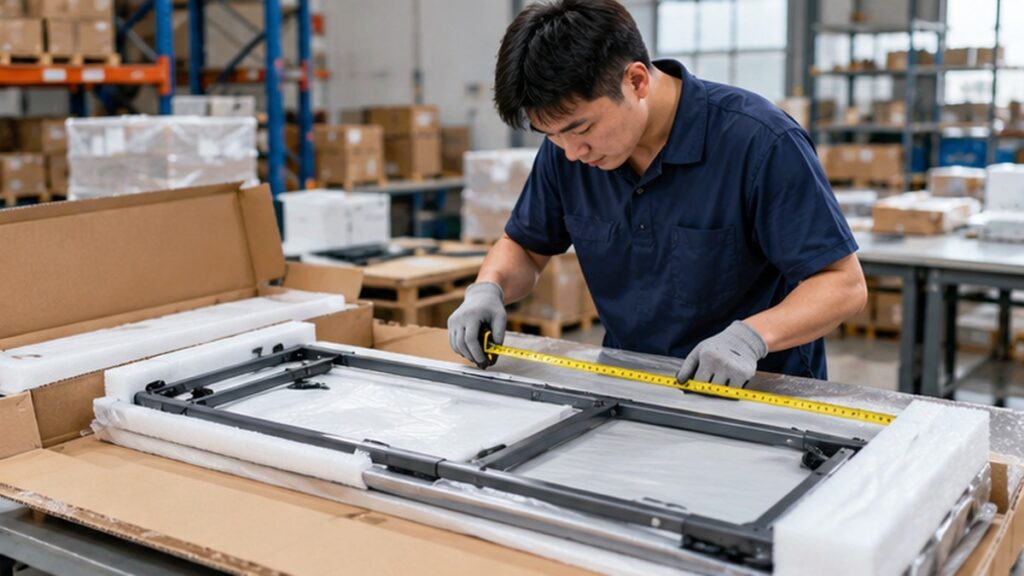 Warehouse worker measuring a folding table to assess repacking options for an oversized parcel