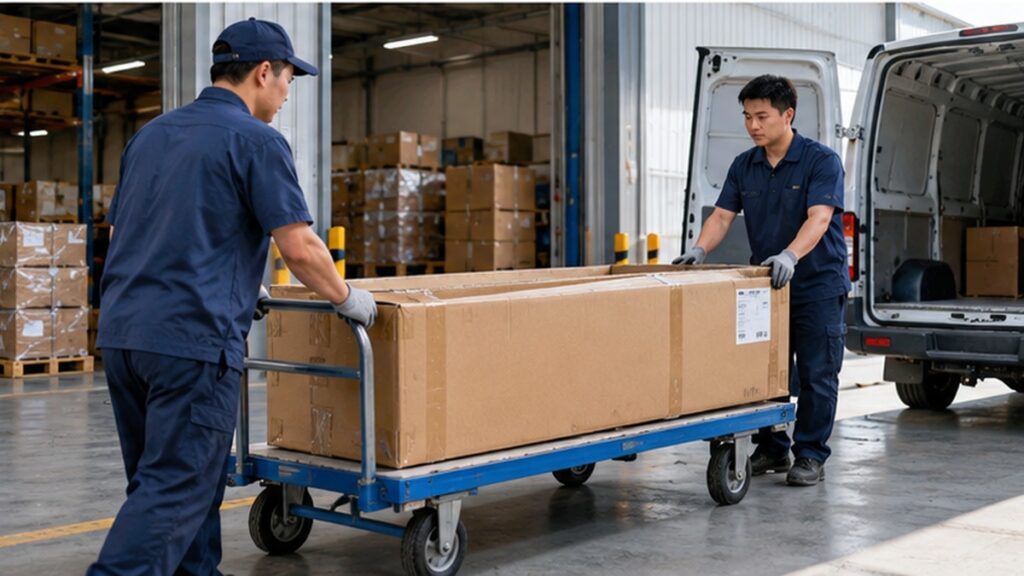 Warehouse workers transferring an oversized 1688 parcel to another freight forwarder in China